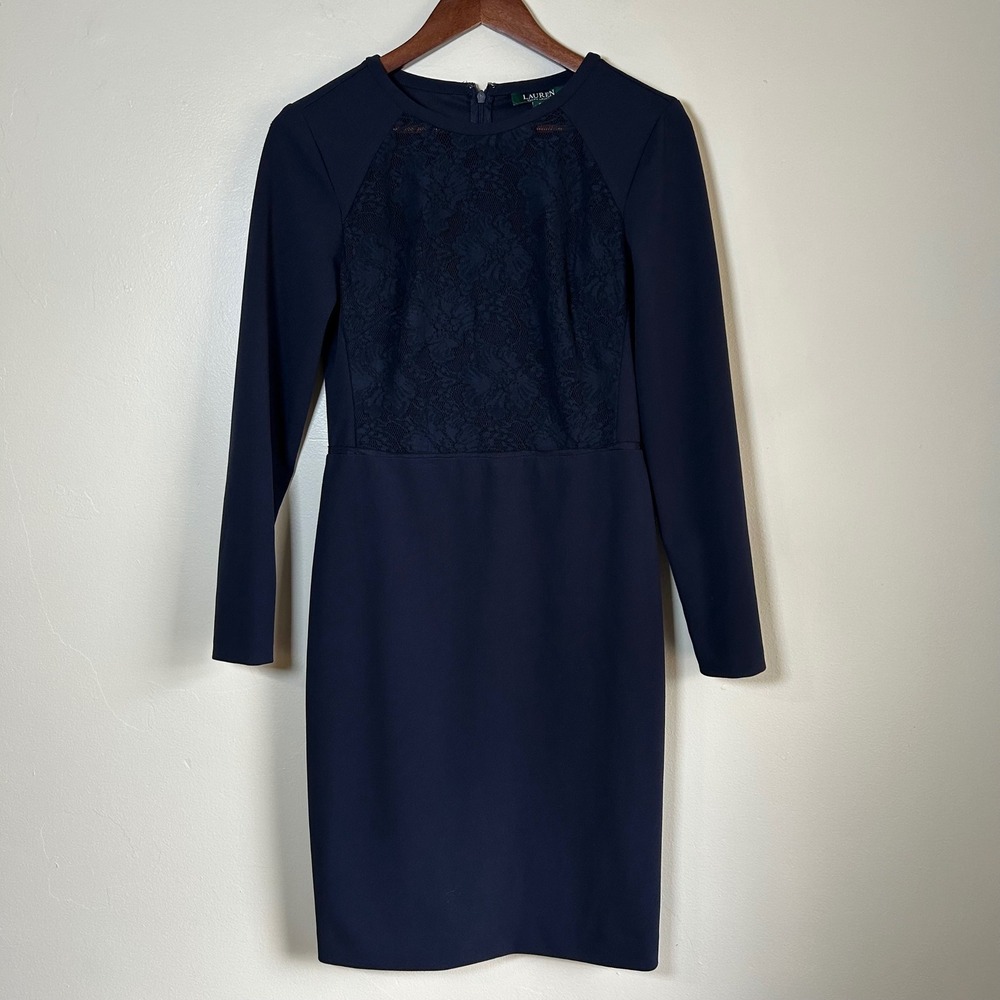 Lauren Ralph Lauren Sheath Dress Womens 4 Navy Blue‎ Lace Panel Long Sleeve Crew